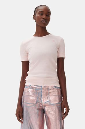 Ganni Pink Soft Cotton Rib Short Sleeve T-Shirt - Size 2XL Organic
