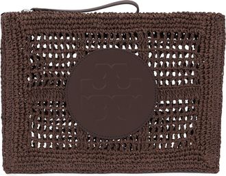 Tory Burch Womens Purse Ella Crochet Dark Cocoa Straw Clutch Bags