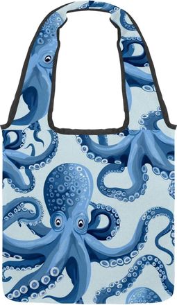 Generic Blue Octopus Monster Reversible Canvas Shoulder Tote - Double-Sided Print, 12oz Cotton, 27cm Drop, Fold-Flat Bag for Travel, Shopping, Street Outings