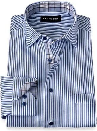 Paul Fredrick Cotton Spread Collar Twill Slim Contrast Trim Button Cuff Long Sleeve in Blue at Nordstrom, Size 16 X 34
