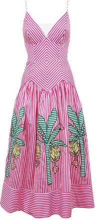 Farm Rio Palm Tree-embroidered Striped Midi Dress