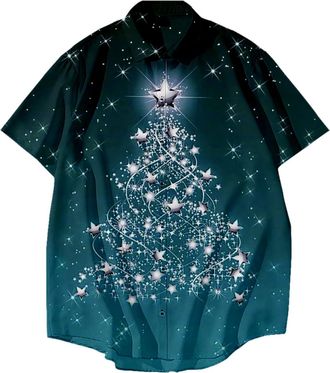 Generic Mens Casual Printed Short Sleeved Shirt Christmas Fashion Collar Dress Shirt (Blue, XXXXXXXXL)