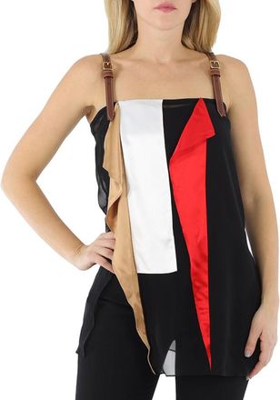 Burberry Black Leather Detail Colour Block Silk Top, Brand Size 4 (US Size 2)