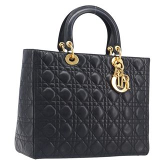 Dior Lady Dior Cannage Quilt Lambskin Black Leather Handbag (Pre-Owned)