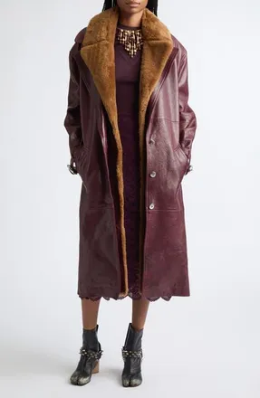 Paco Rabanne Genuine Shearling Trim Belted Leather Coat in Burgundy at Nordstrom, Size 40