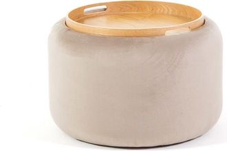 Siediti Fuori e Dentro Puff ba&uacute;l terciopelo beige con tapa madera