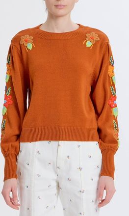Something Navy Embroidered Crew Neck Sweater In Burnt Orange