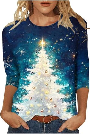 Generic Christmas Tops for Women UK Novelty Funny Xmas Tees Elk Snowman Print 3/4 Sleeeve Blouse Lightweight Christmas Tree Jumper Holiday Crewneck Tunic Tops