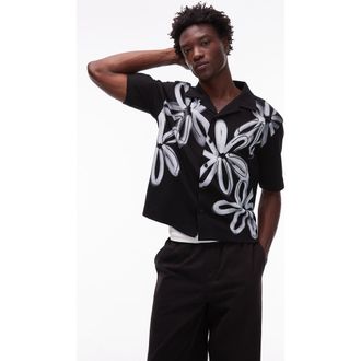 Topman Embroidered Boxy Cotton Button-Up Shirt in Black at Nordstrom Rack, Size X-Large