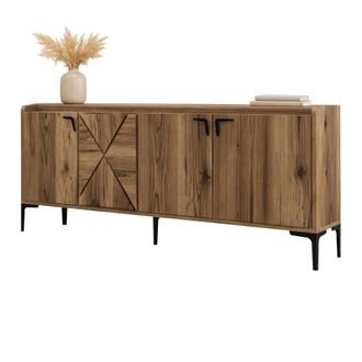 Dmora Aparador Elini, Alacena 2 Estantes, Puerta Batiente, 4 Puertas, 180x35x78 Cm Marr&oacute;n Nogal