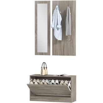 HOMCOM Homcom - Set Ingresso 3pz con Scarpiera, Appendiabiti e Specchio Bianco e Legno