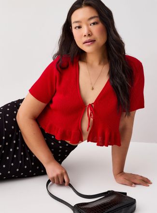 Twik Womens Ruffled-trim tie-front cropped Cardigan Sweater