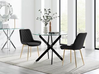 Furniturebox Novara 100cm Round Black Leg Dining Table & 2 Pesaro Gold Leg Chairs