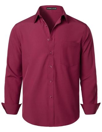 PARKLEES Mens Regular Fit Dress Shirt Solid Wrinkle-Free Long Sleeve Casual Business Button Up Shirts with Pocket PZSSCL05-Maroon XXXL