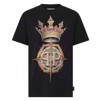Philipp Plein Tops, Heren, Zwart, 5Xl, Katoen, Round Neck T-Shirt Crown Hexagon