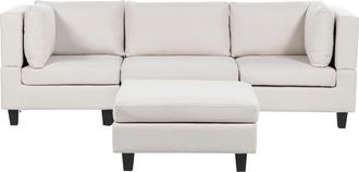 Beliani Sof&aacute; Modular Moderno 3 Plazas Tapizado Tela Poli&eacute;ster Respaldo Acolchado Con Otomana Beige Claro Unstad