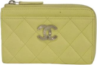 Chanel Pre-owned Matelasse Shiny Grained Calfskin Coin Card Case - Dames - Vintage Accessoires - Geel - ONE Size - Leer - Vintage