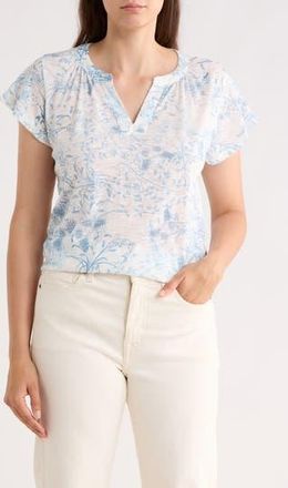 Lucky Brand Floral Split Neck Cotton Blend T-Shirt in Blue Multi at Nordstrom Rack, Size Xx-Large