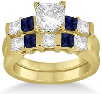 Allurez 5 Stone Diamond & Blue Sapphire Bridal Set 18k Yellow Gold 1.02ct
