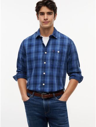 Tommy Hilfiger Mens Plaid Indigo-Dyed Denim Shirt - Blue - XXXL