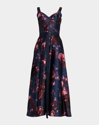 Erdem Rose-Print Duchess Satin Bustier Midi Dress With Belt