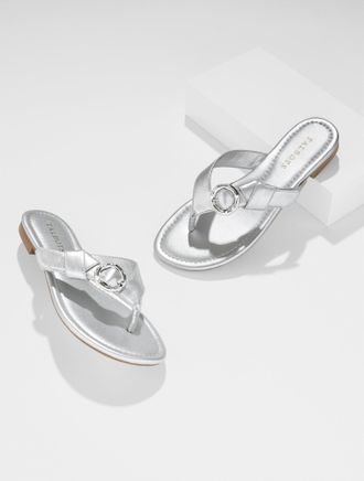 Talbots Gia Buckle Metallic Thong Sandals - Silver - 10M Talbots