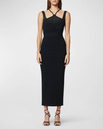 H&eacute;rve L&eacute;ger Ribbed Halter Midi Bodycon Dress In Black