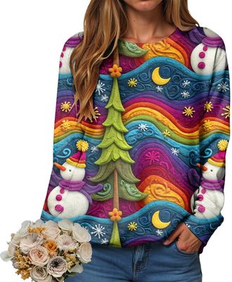 Generic Womens Christmas Jumpers Xmas Long Sleeve Neck Sweatshirt Tree Print Pullover Ladies Tops Funny Christmas Jumpers UK Classic Crew Workout Shirts Loose