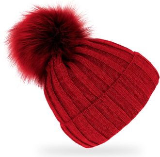 Fiebig Knitted hat with faux fur bobble | wool hat with fleece lining | beanie made in Europe, red, One Size Fits All