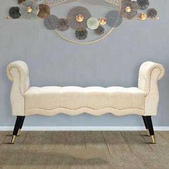 Dmora Panca Humahu, En Velluto, Con Reposabrazos Y Detalles Dorados, Estructura De Tela, Asiento Color Blanco, 120x40x60h Cm Blanco Crema