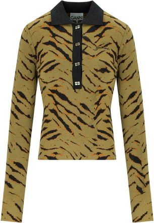 Ganni Khaki Zebra Print Polo Pullover