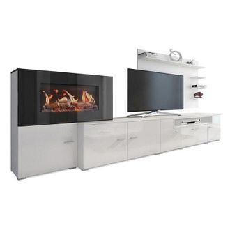 Skraut Home Mobili da soggiorno con camino elettrico a 5 livelli di fiamme, finitura bianco opaco e rovere chiaro spazzolato, misure: 290 x 170 x 170 x 45 cm di