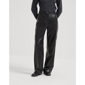 Brunello Cucinelli Black Leather Wide Trousers, Brand Size 38 (US Size 4)