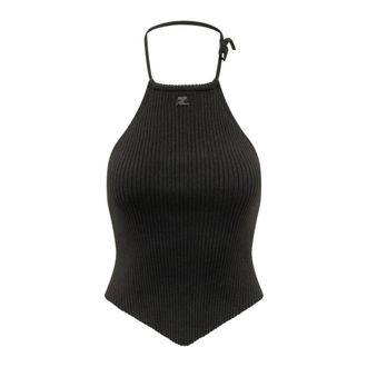 Courr&egrave;ges Sleeveless Tops, female, Black, Size: S Pointy Rib Knit Top
