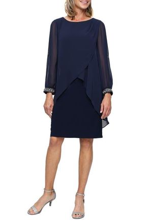 S.L. Fashions Cold Shoulder Long Sleeve Capelet Cocktail Dress in Navy at Nordstrom, Size 10