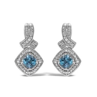 House of Brilliance Sterling Silver Cushion Cut Blue Topaz and Diamond Accent Twist Motif Dangle Earrings