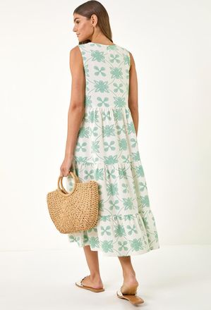 Roman Floral Motif Tiered Midi Dress