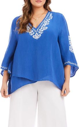 Karen Kane Embroidered Asymmetric Hem Linen Blend Top in Blue at Nordstrom, Size 2X
