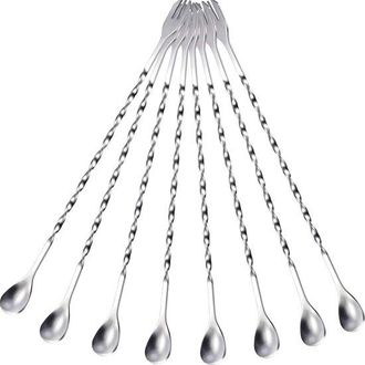OEM Juego De 8 Cucharas Mezcladoras De Acero Inoxidable, Mortero Largo Para C&oacute;cteles Con Dise&ntilde;o En Espiral (plateado), 26 Cm