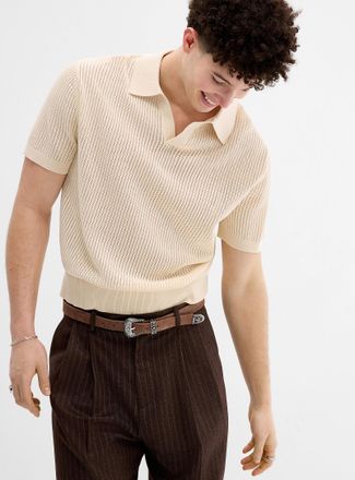 Djab Mens Pointelle stripe Johnny-collar polo