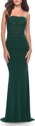 La Femme Strapless Net Jersey Dress with Illusion Bodice in Emerald at Nordstrom, Size 16