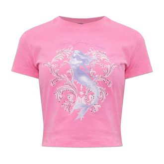Versace Jeans Couture T-Shirts, female, Pink, Size: XS Printed Embellished Cotton-Jersey T-Shirt