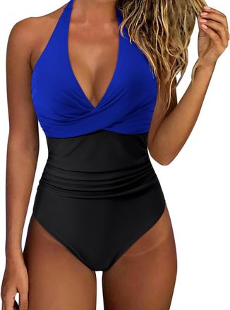 Generic Swimming Costume Women One Piece Tummy Control Swimwear Vintage High Waisted Sexy V Neck Swimming Padded Swimwear