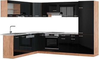 Vicco Cocina Esquinera R-line, Roble Negro/dorado De Alto Brillo, 227 X 287 Cm, Et M&aacute;rmol