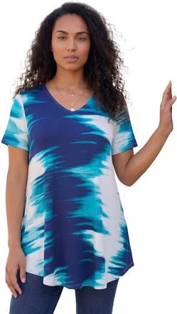 Roaman's Ultra Drape V Neck Short Sleeve Swing Tunic in Navy Teal Tie Dye at Nordstrom, Size 32