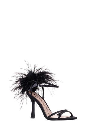 Nina Demi Faux Feather Ankle Strap Sandal in Black at Nordstrom, Size 8