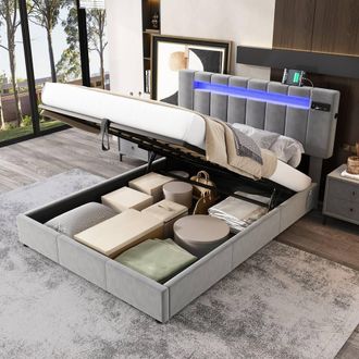 Merax Double Ottoman Storage Bed with Bluetooth Speakers, LED & USB Ports in Grey