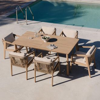 Sklum Set De Mesa Rectangular 180x90 Cm Y 6 Sillas De Jard&iacute;n En Madera De Acacia Y Cuerda Trenzada Kaela Sklum