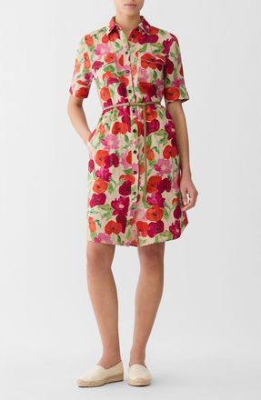 Lafayette 148 New York Blossom Print Belted Organic Linen Shirtdress in Cadet Khaki Multi at Nordstrom, Size X-Small
