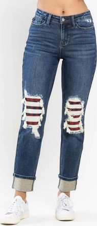 Judy Blue Charlotte Midrise Buffalo Plaid Patch Destroyed Boyfriend Jeans In Blue